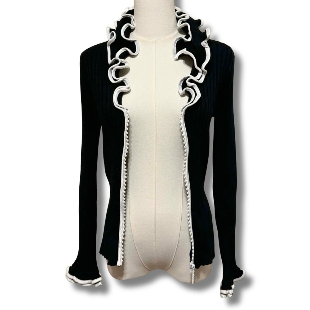 Belldini Black & White Ruffle Rhinestone Zip Front Sweater - NYE Top - Size S - Picture 3 of 6